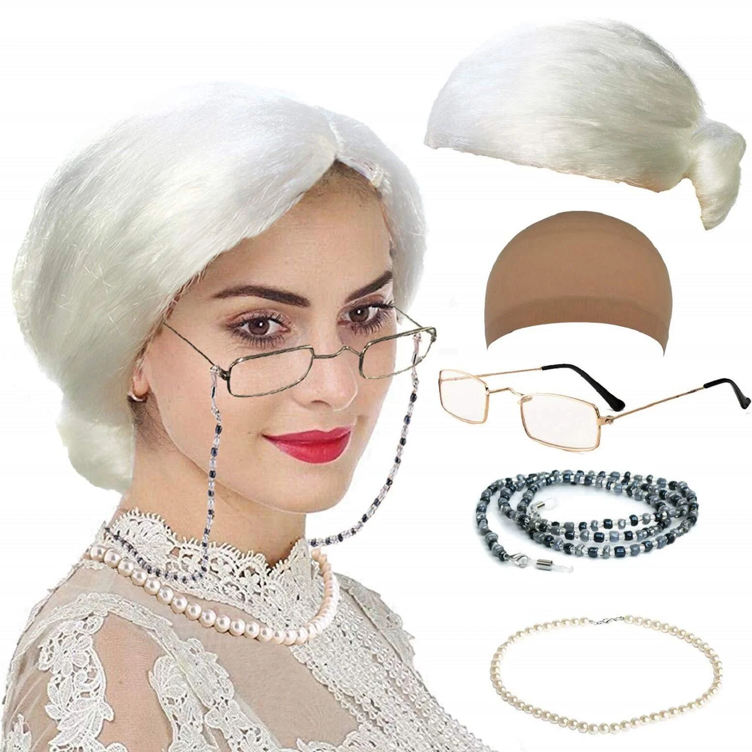Old Lady Costume Characters Set - Old Lady/Mrs. Santa Wig Madea Granny Glasses