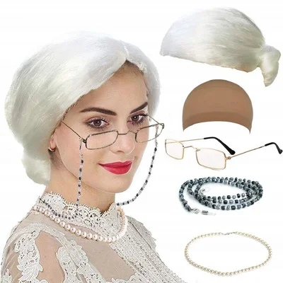qnprt Old Lady/Mrs. Santa Wig Madea Granny Glasses Eyeglass Chains Holder and...